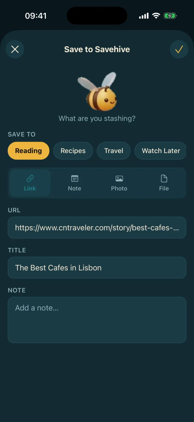 Saving a link to Savehive from any app