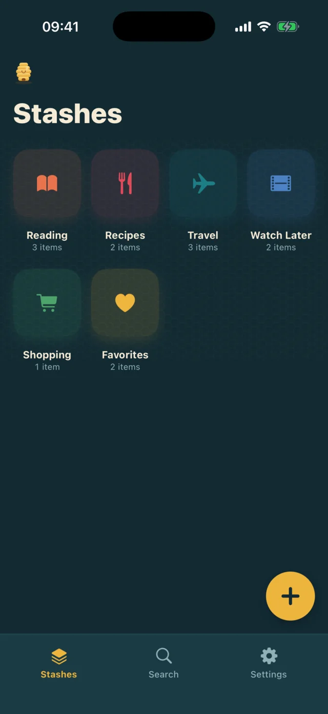 Savehive home screen with stash folders